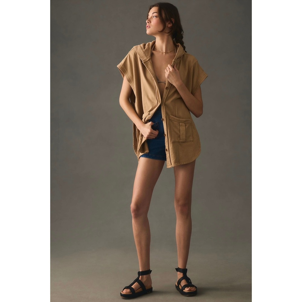 Anthropologie Pilcro Tan Sleeveless Hooded Vest Button‎ Tie Sides Poncho XXS/XS